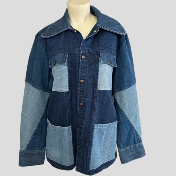Denim Patchwork Snap Down Jacket Upcycled - Picture 1 of 12